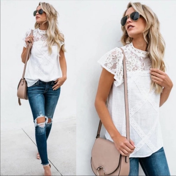 Dalaeli•Posh Boutique Item Tops - White Geometric Cotton + Lace Blouse